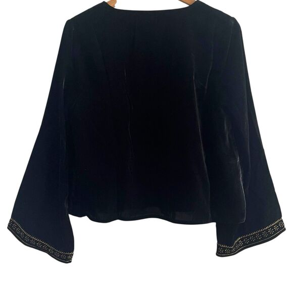 Velvet Floral Embroidered Crop Jacket XS Boxy Bell Sleeve Boho Hippie Holiday - Picture 2 of 10